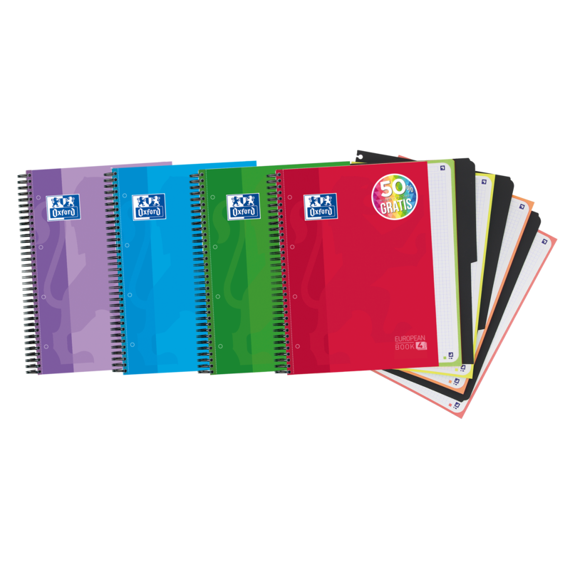 Oxford Europeanbook 4 cahier A4+ 5x5, 120 feuilles, couleurs assorties – lot de 5