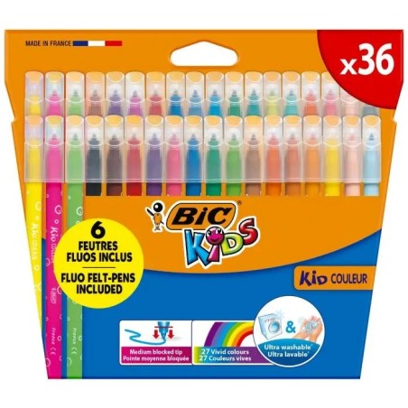 Bic Kids Couleur Pack de 36 Feutres - Pointe Moyenne - Lavables - Couleurs Assorties