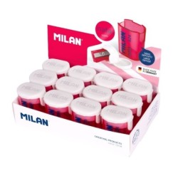 Milan NataÂ® 624 Présentoir de 12 Taille-crayons avec Réservoir - Lame en Acier - Couleur Blanc/Rose