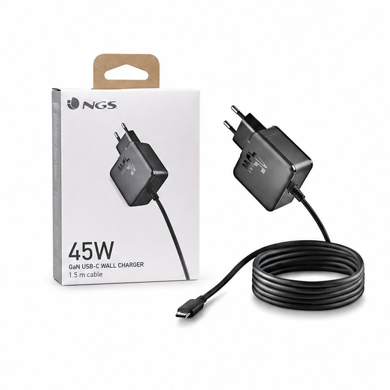 Chargeur mural NGS GAN 45W-C USB-C GaN PD3.0 PPS, câble 1,5 m, noir