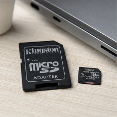 Carte microSDXC Kingston 128 Go Compatible + adaptateur SD