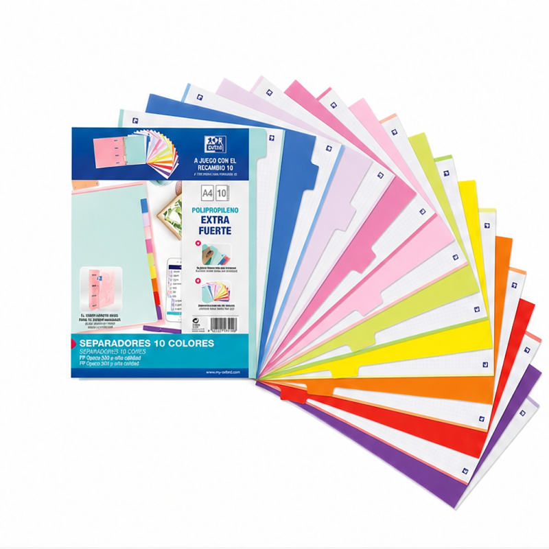 Oxford Strongline Compatible A4 séparateurs 10 positions, couleurs assorties, 4 trous, plastique opaque 500 microns