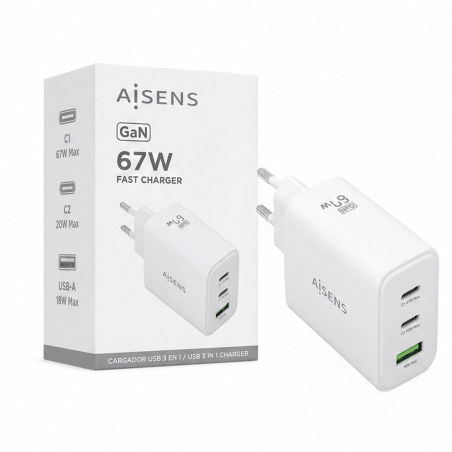 Chargeur GaN Aisens 67 W 2x USB-C 1x USB-A
