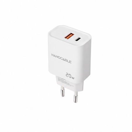 Chargeur mural Nanocable USB-C/PD + USB-A/QC 20 W, blanc