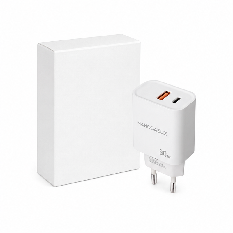 Nanocable Chargeur USB-C/PD + USB-A/QC 30 W, blanc
