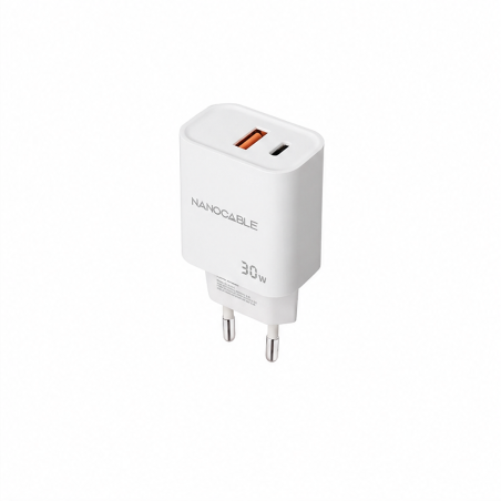 Nanocable Chargeur USB-C/PD + USB-A/QC 30 W, blanc