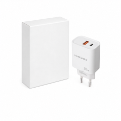 Chargeur USB-C/PD + USB-A/QC 30 W Nanocable blanc