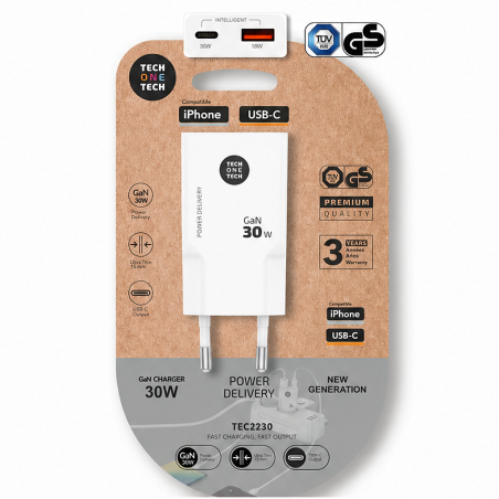 Chargeur mural TechOneTech GaN 30 W USB-C USB-A