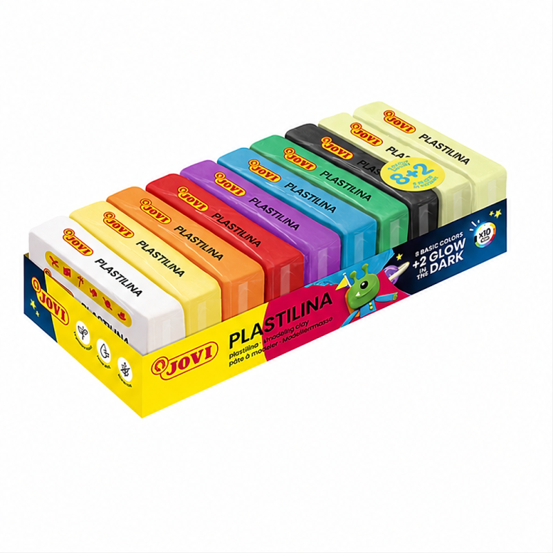Jovi Plastiline, plateau de 10 pastilles de 50 g, 8 couleurs assorties + 2 phosphorescentes