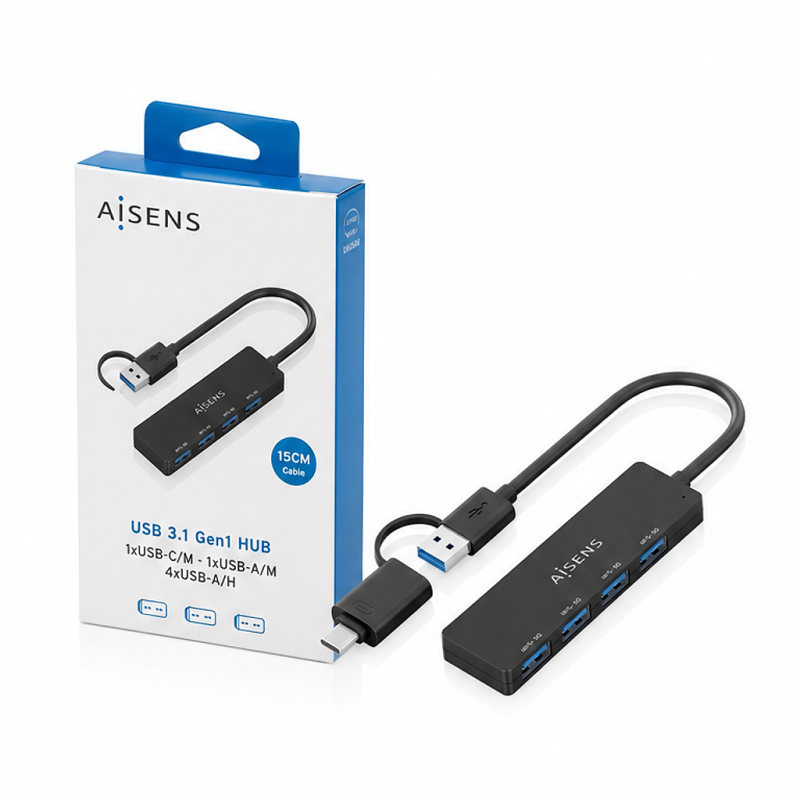 Hub USB Aisens 4 ports USB 3.1 Gen1 15 cm noir