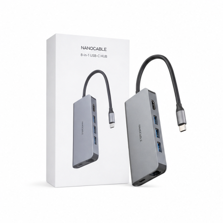 Hub USB-C 8 en 1 Nanocable gris, 18 cm | PD 100 W