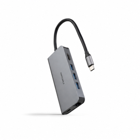 Hub USB-C 8 en 1 Nanocable, USB-C 3.1 vers 3x USB-A 3.0, PD 100 W, HDMI 4K@60 Hz, RJ45, TF, SD, gris, 18 cm