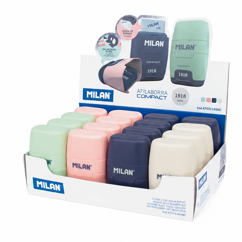 Milan boîte présentoir 16 gommes avec taille-crayons COMPACT 430 since 1918