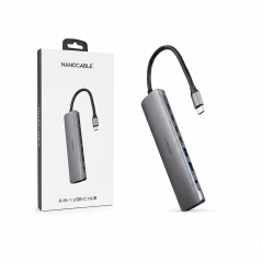 Hub USB-C 8 en 1 Nanocable gris, 18 cm | HDMI 4K