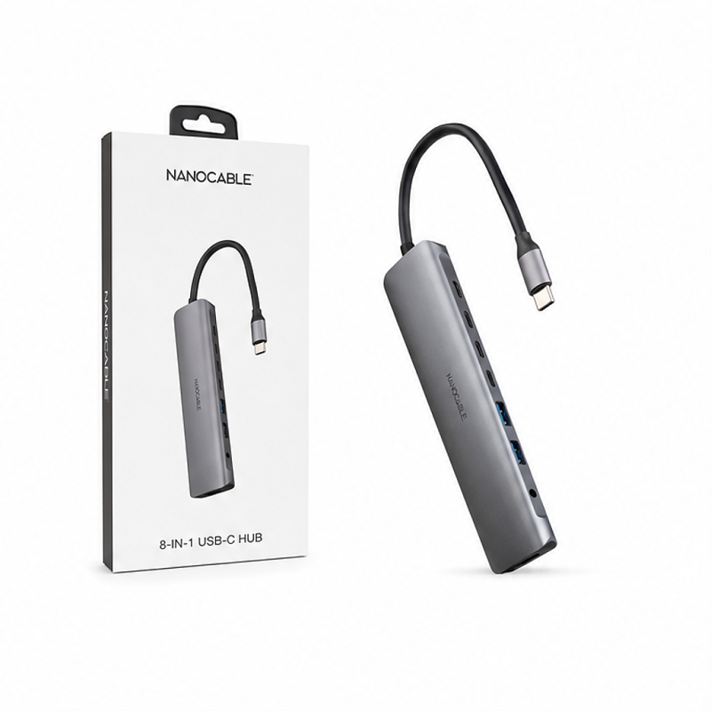 Hub USB-C 8 en 1 Nanocable, aluminium gris, 18 cm