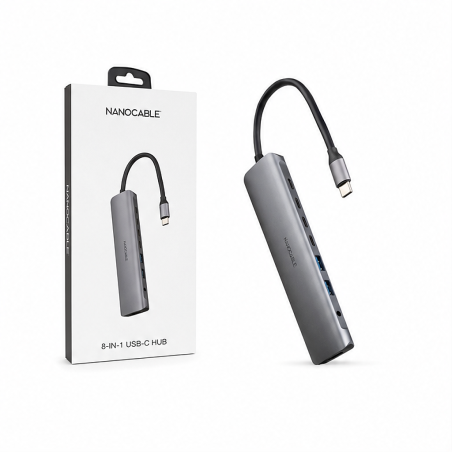 Hub USB-C 8 en 1 Nanocable gris, 18 cm | HDMI 4K