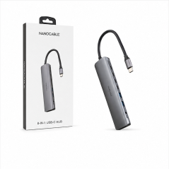 Hub USB-C 8 en 1 Nanocable gris, 18 cm | HDMI 4K