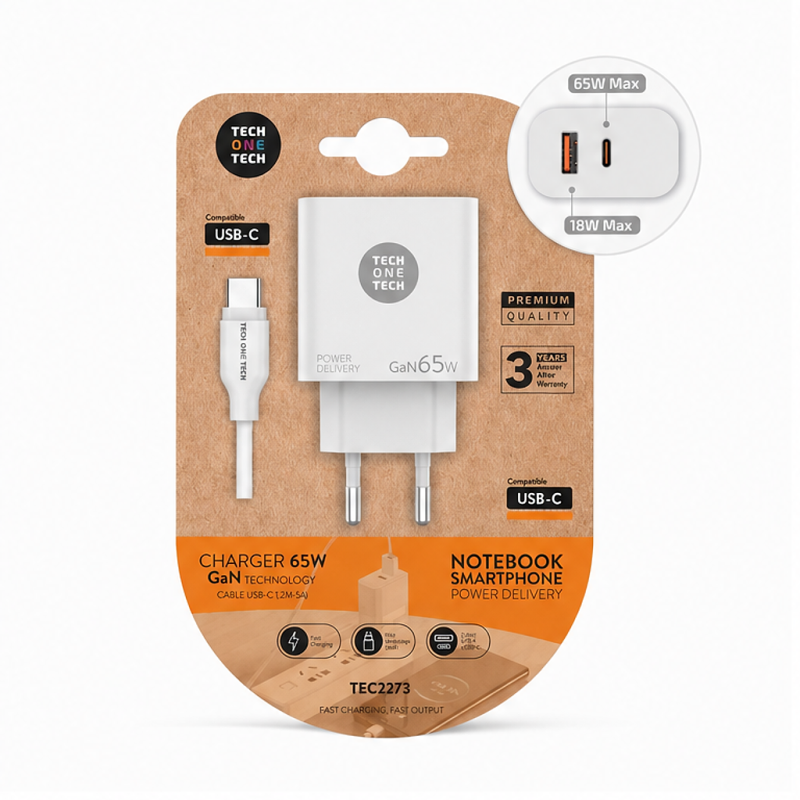 Chargeur mural TechOneTech GaN PD 65 W avec câble USB-C 1 m Chargeur mural TechOneTech GaN PD 65 W avec câble USB-C 1 m