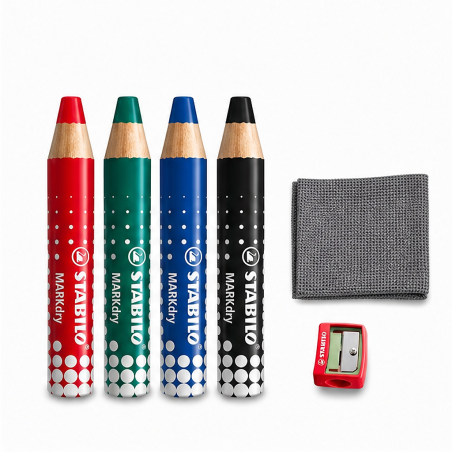 STABILO MARKdry étui de 4 crayons pour tableaux blancs avec taille-crayon et chiffonnette