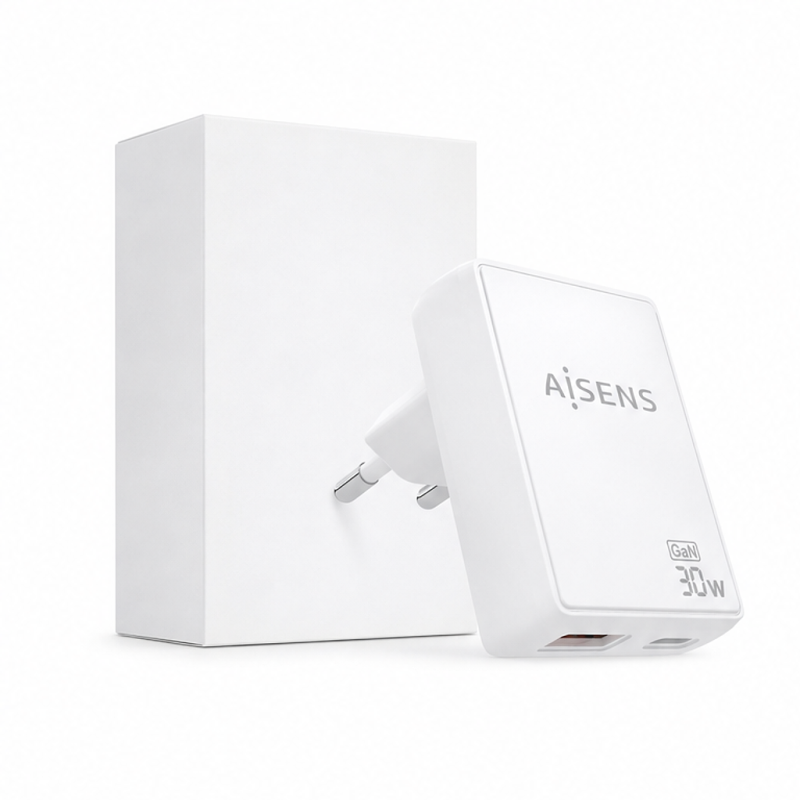 Aisens GaN ultra-slim 30W wall charger, 1x USB-C and 1x USB-A, white