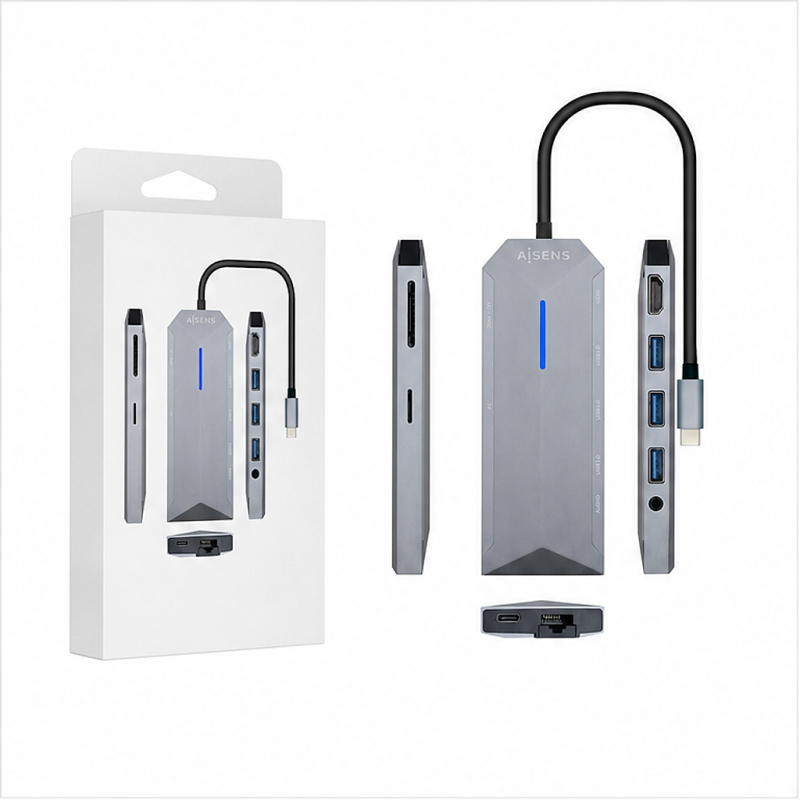 Aisens USB-C Dock 9 en 1, gris, 15 cm