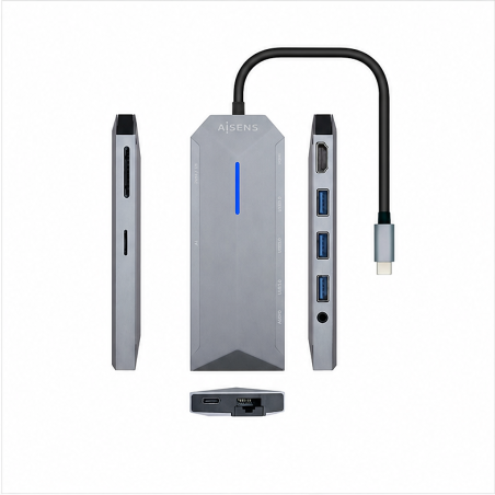 Aisens USB-C Dock 9 en 1, gris, 15 cm