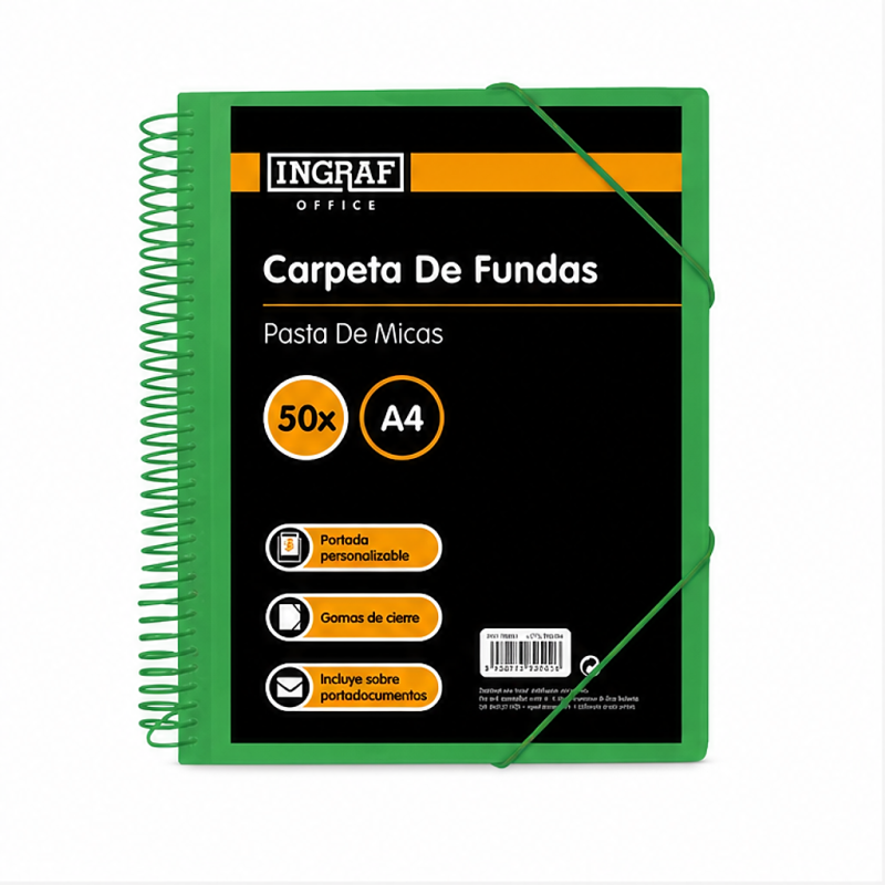 Ingraf Classeur 50 pochettes A4 avec pochette et spirale plastique verte