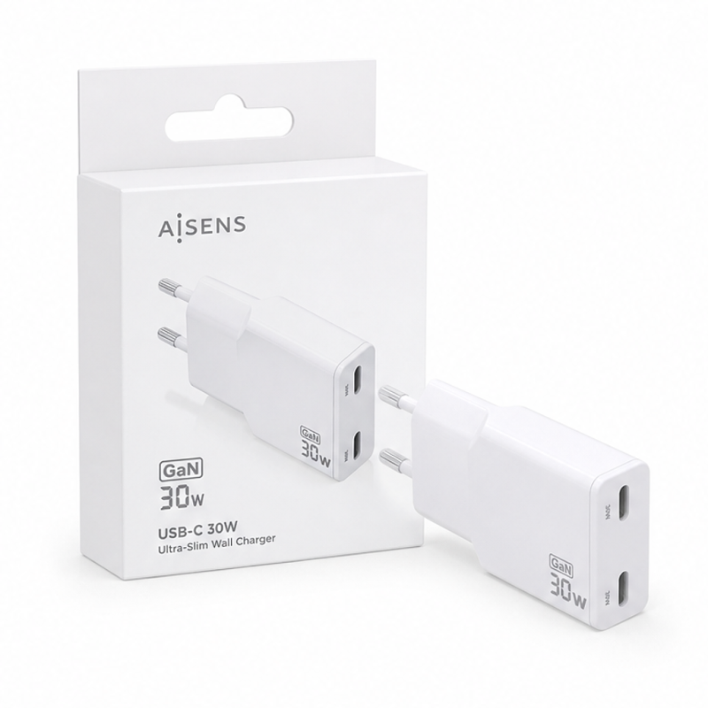 Aisens 30W slim GaN charger, 2x USB-C PD3.0 QC4.0, white