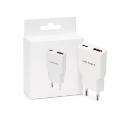 Chargeur Nanocable USB-C/PD 20W + USB-A/QC blanc