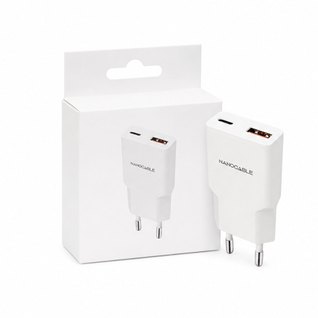 Chargeur Nanocable USB-C/PD 20W + USB-A/QC blanc