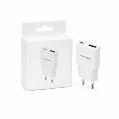 Chargeur Nanocable USB-C/PD 20W + USB-A/QC blanc