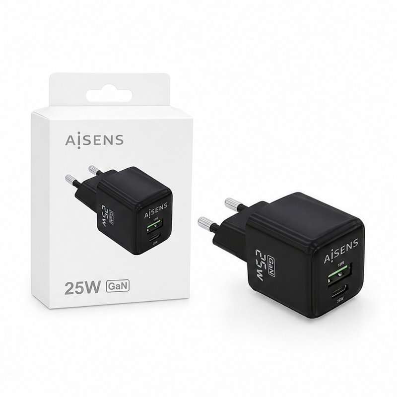 Chargeur Aisens GaN 25 W USB-C et USB-A, noir