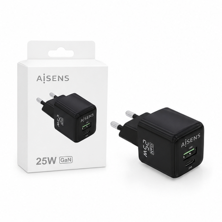 Chargeur Aisens GaN 25 W USB-C et USB-A noir