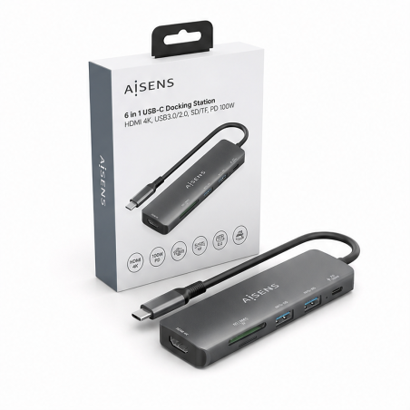 Aisens Dock USB-C 6 en 1 Gris 15 cm | HDMI 4K PD