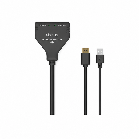 Duplicateur HDMI Aisens 4K@30 Hz 1x2, alimentation USB et câble, noir, 30 cm