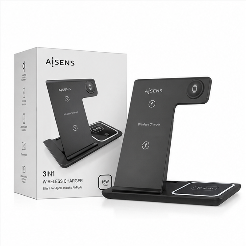 Aisens Chargeur sans fil USB-C 3 en 1 15 W noir