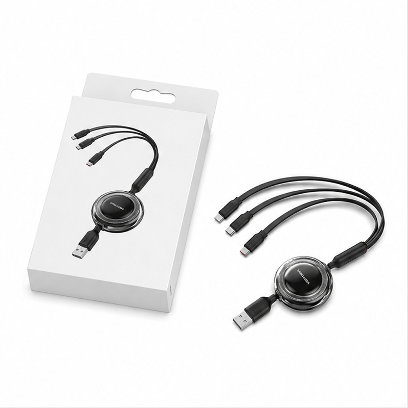 Câble de charge rétractable 3-en-1 Vention USB 2.0, 1,1 m, noir