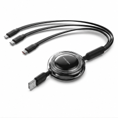 Câble de charge rétractable 3-en-1 Vention USB 2.0, 1,1 m, noir