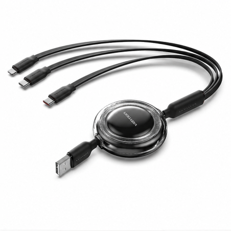 Câble de charge rétractable 3-en-1 Vention USB 2.0, 1,1 m, noir