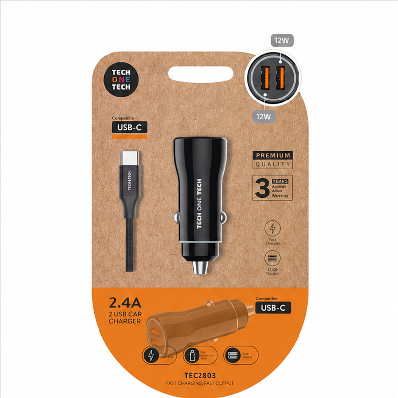 TechOneTech Dual USB Car Charger with USB-C Cable