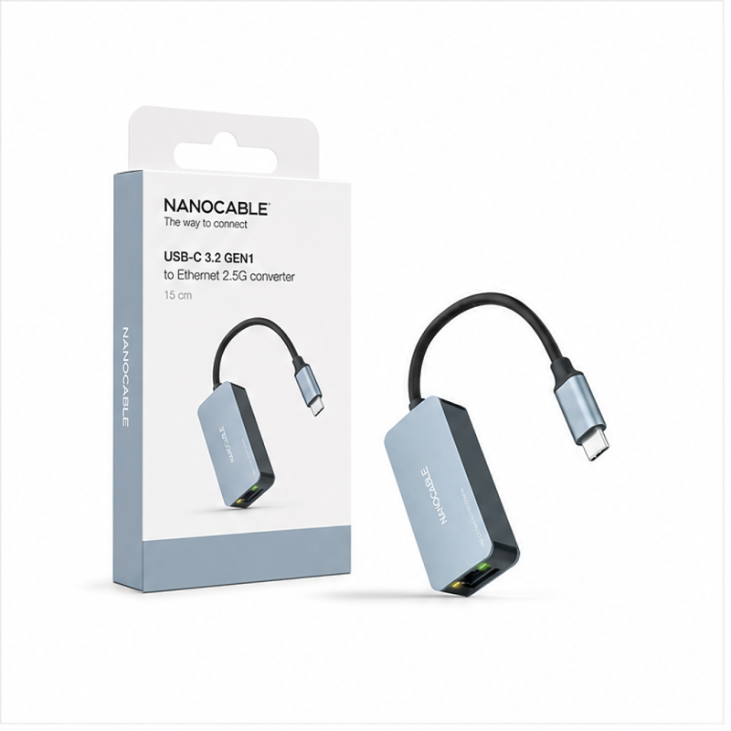 Convertisseur Nanocable USB-C 3.2 GEN1 vers Ethernet 2.5G, aluminium, gris, 15 cm