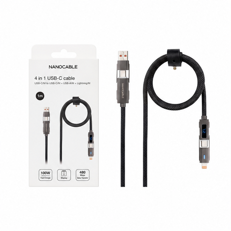 Câble USB-C Nanocable 4 en 1 1 m, 27 W, écran numérique, noir