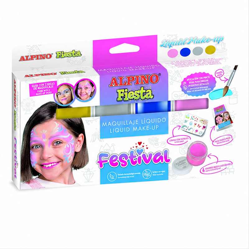 Kit de maquillage liquide Alpino Fiesta Festival, 4 couleurs, pinceau et guide