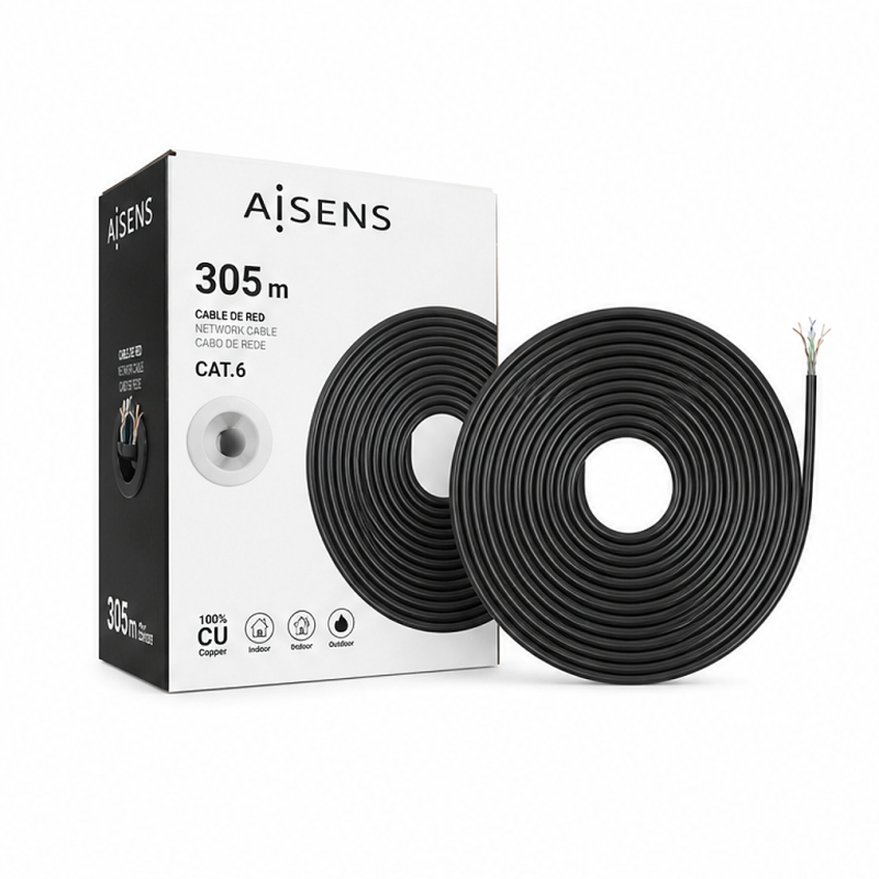 Aisens Câble réseau extérieur étanche RJ45 Cat.6 UTP rigide CCA AWG23 noir 305 m