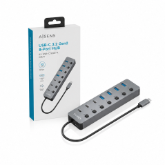 Hub USB-C Aisens 8 ports gris 30 cm PD 100 W