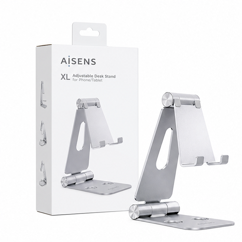 Aisens XL Adjustable Desk Stand with 2 Pivots for Phone and Tablet, Silver