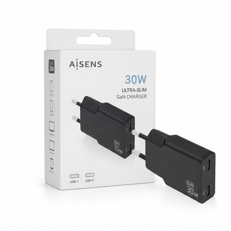 Aisens chargeur GaN ultra fin 30W 2x USB-C noir