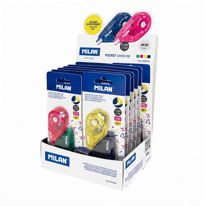 Milan Pocket Acid, présentoir de 24 rubans correcteurs 4,2 mm x 5 m