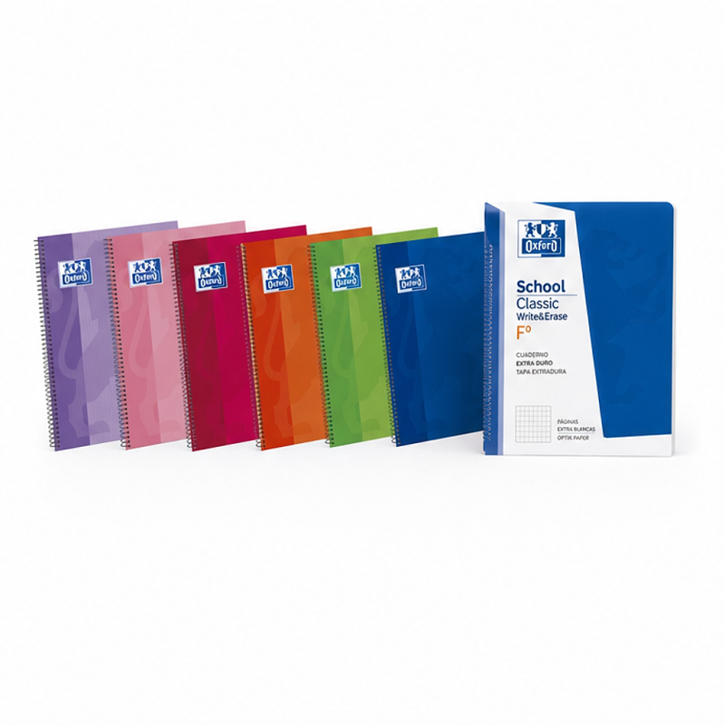 Oxford School Classic Write&Erase Fº cahier spiralé lisse, 80 feuilles, couleurs assorties - lot de 5