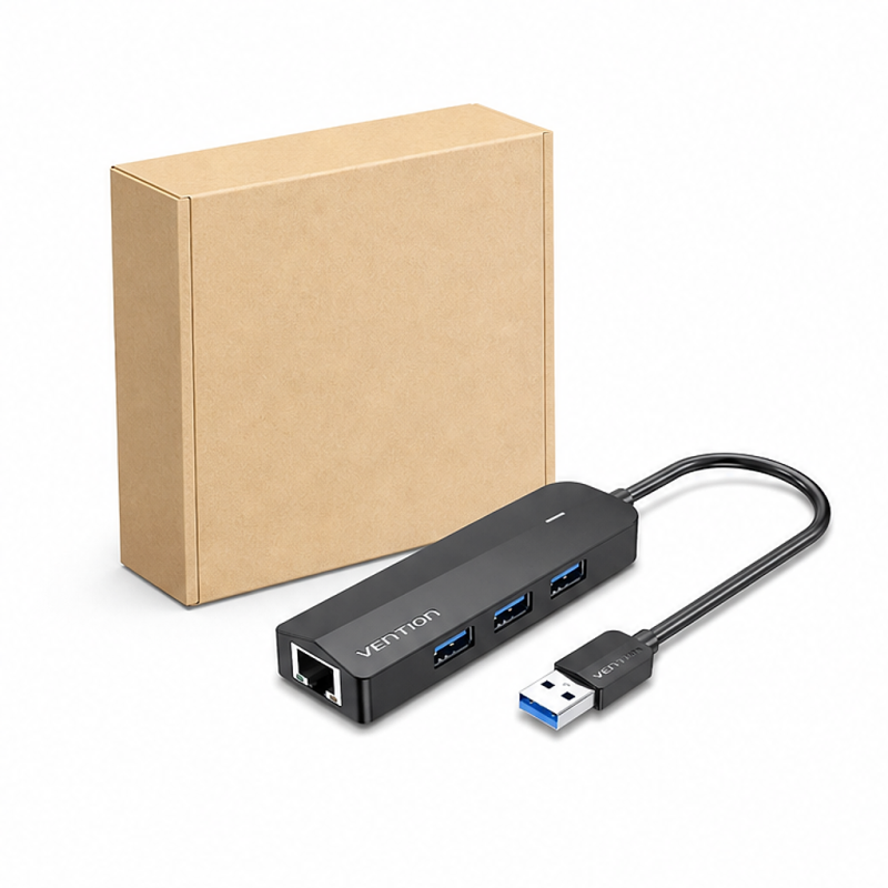 Vention Hub USB 3.0 5 en 1, 3 ports USB-A, Ethernet RJ45, noir